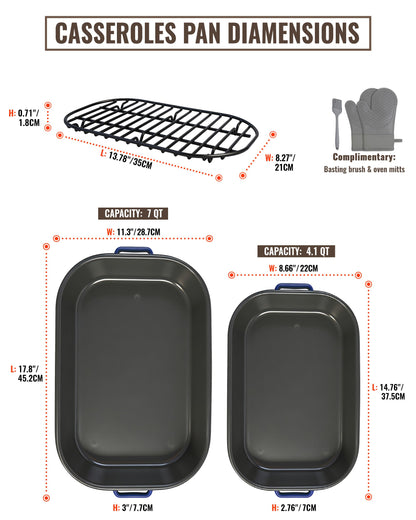 MCCSI Casserole Dishes for Oven Lasagna Pan 6-Piece Set with Handle & Rack 14&17 Inch Large Baking Deep Enamel Roasting Pan, Heat Resistance Dishwasher Safe Non-Stick Bakeware Mothers Day Wedding Gift