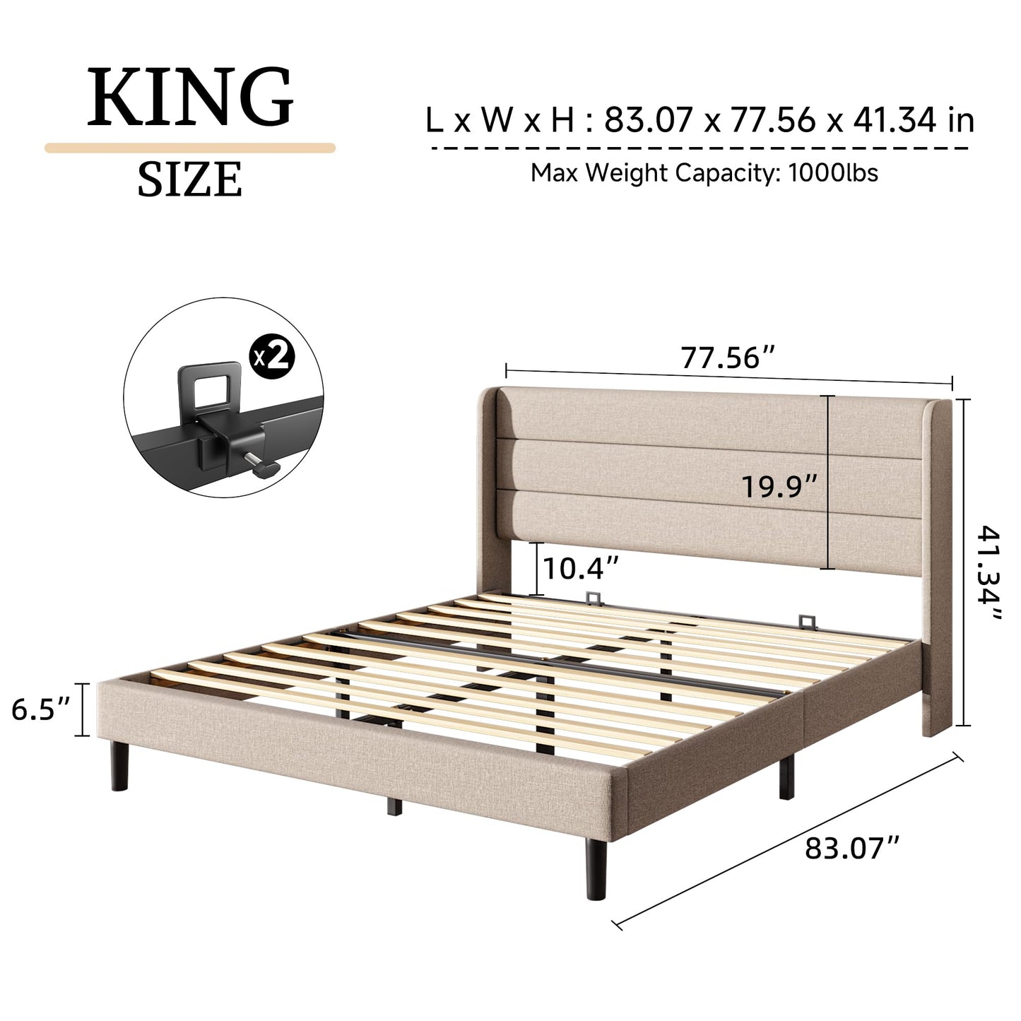 Mxhtcewz King Size Upholstered Platform Bed Frame, Modern Linen Fabric Bed with Wingback Headboard, Sturdy No Wobble, Noise-Free & Easy Assembly, No Box Spring Needed, Beige