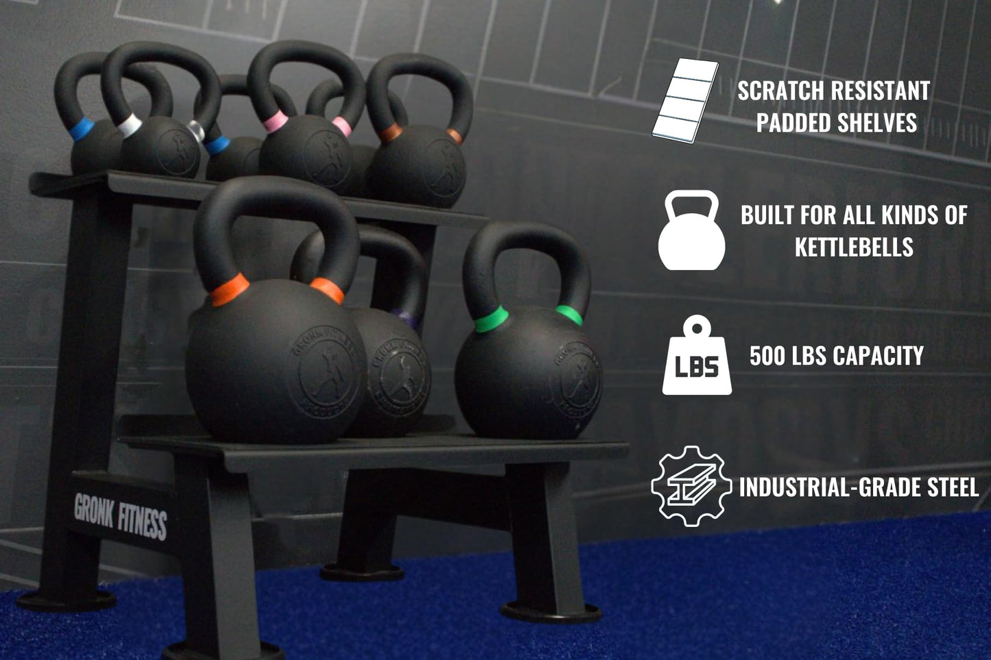 Gronk Fitness Kettlebell Rack | 2-Tier Heavy-Duty Weight Storage Shelf for Home Gym | Scratch-Resistant Padded Shelves | Organize Kettlebells, Dumbbells, and Gym Equipment | Easy Assembly