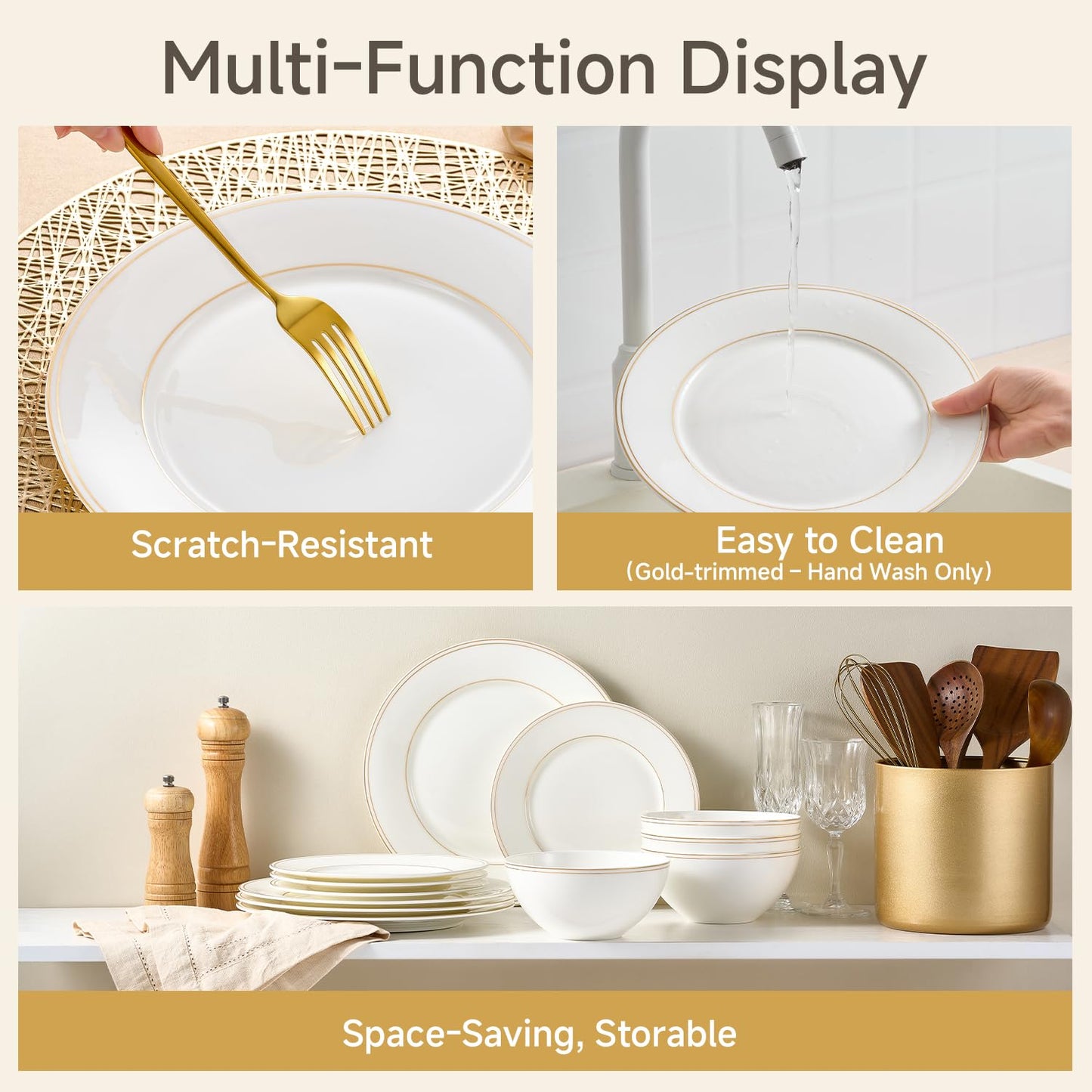 KINGSTONE Bone China Dinnerware Sets, 24-Piece Dishes Set for 8, Elegant Gold Trim Ceramic Plates & Bowls, Luxury Gift, Lightweight Translucent Dishware for Family Dining, Festival Banquet & Party