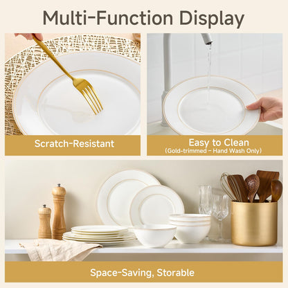 KINGSTONE Bone China Dinnerware Sets, 24-Piece Dishes Set for 8, Elegant Gold Trim Ceramic Plates & Bowls, Luxury Gift, Lightweight Translucent Dishware for Family Dining, Festival Banquet & Party