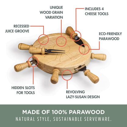 PICNIC TIME Mariner Cheese Board and Knife Set, Novelty Charcuterie Board Set with Stainless Steel Tools Housed in Helm Case Under the Lid, Swivel-Open Serving Platter, and Charcuterie Set, (Parawood)