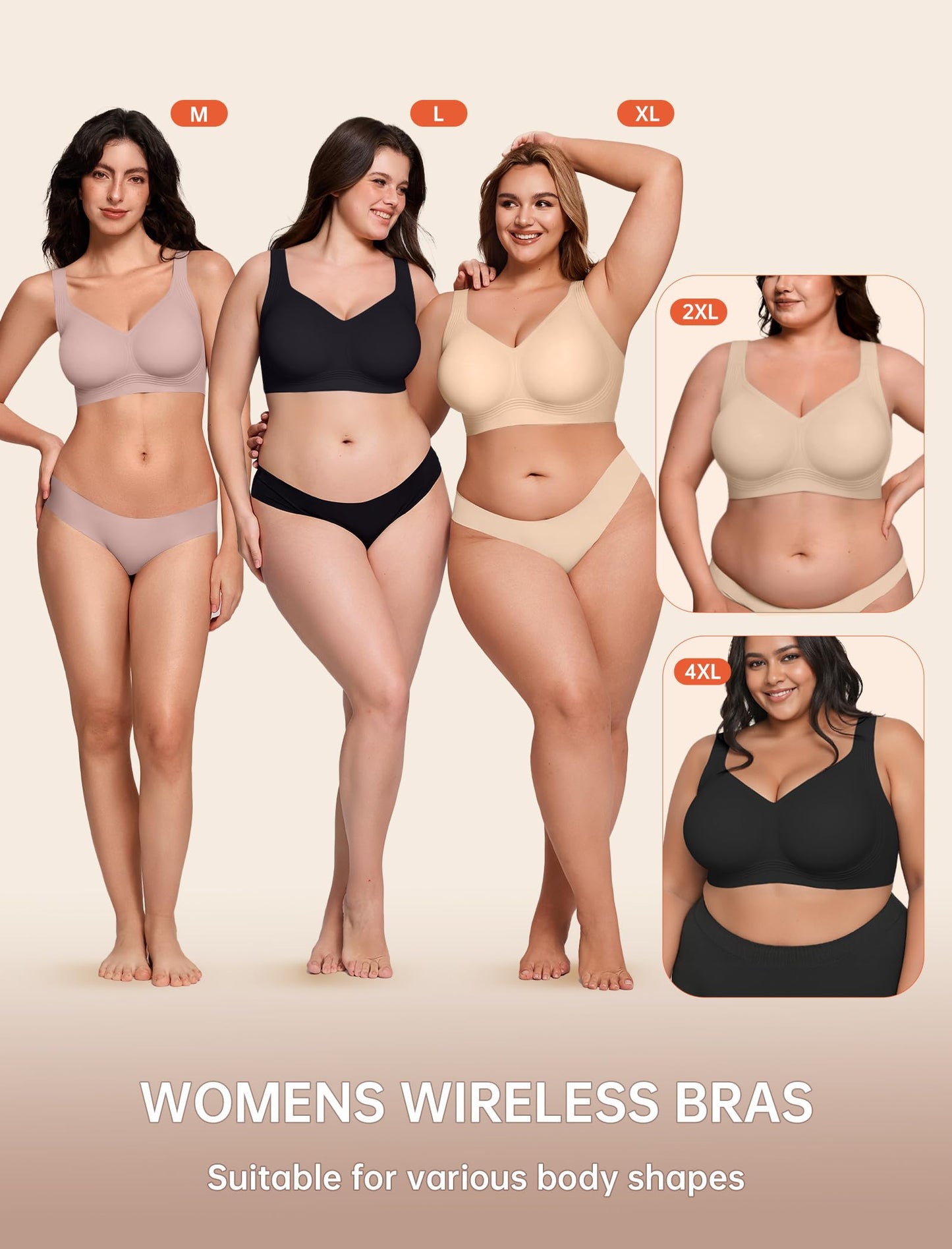 LetsJoli Bras for Women Supportive Wireless Push Up Bra Full Coverage No Underwear Seamless Plus Size for Older Women（Nude,XL