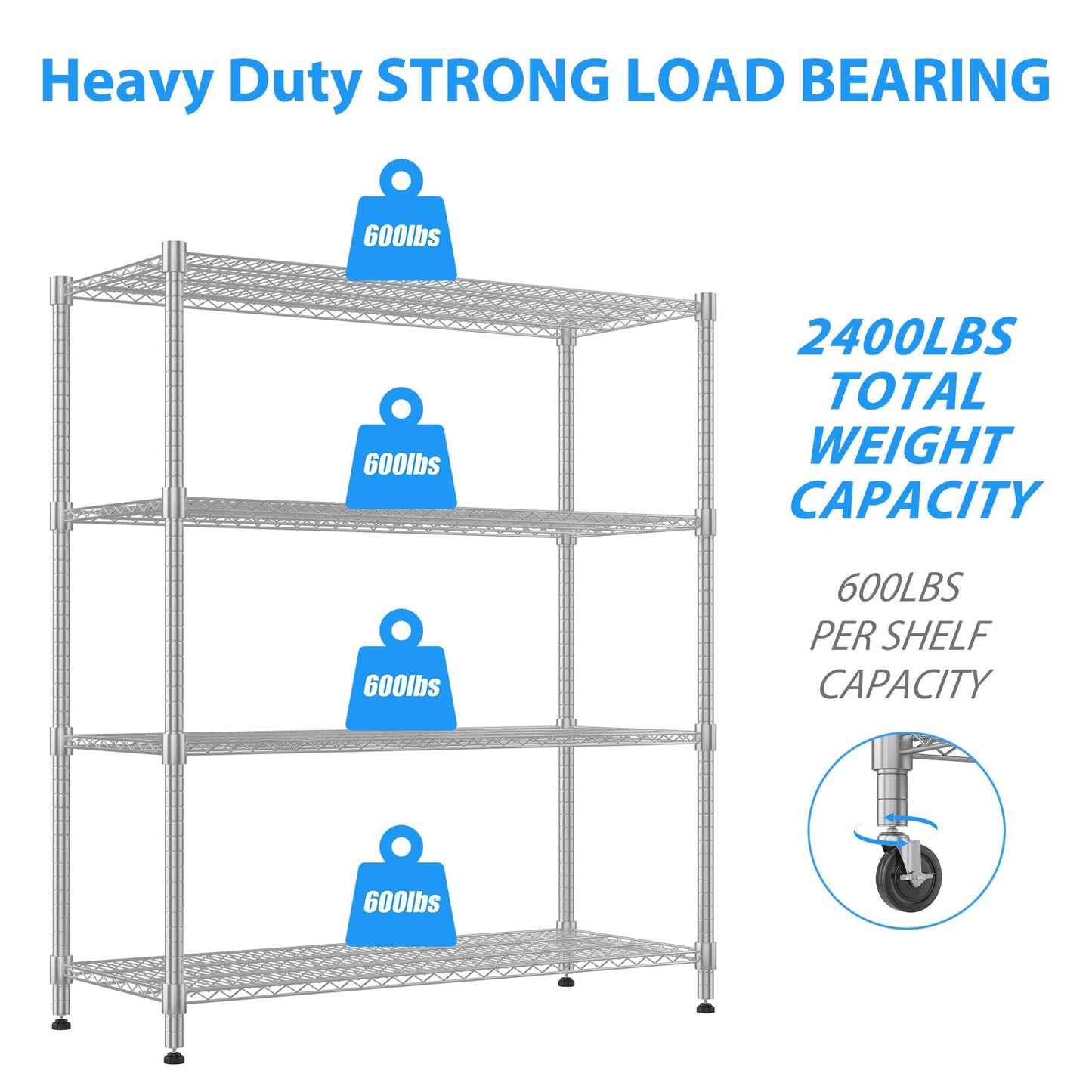 Homdox 4-Tier Heavy Duty Metal Shelves with Wheels - 2400LBS Commercial Adjustable Shelves for Garage, Pantry, Kitchen - 24"x60"x72", Chrome