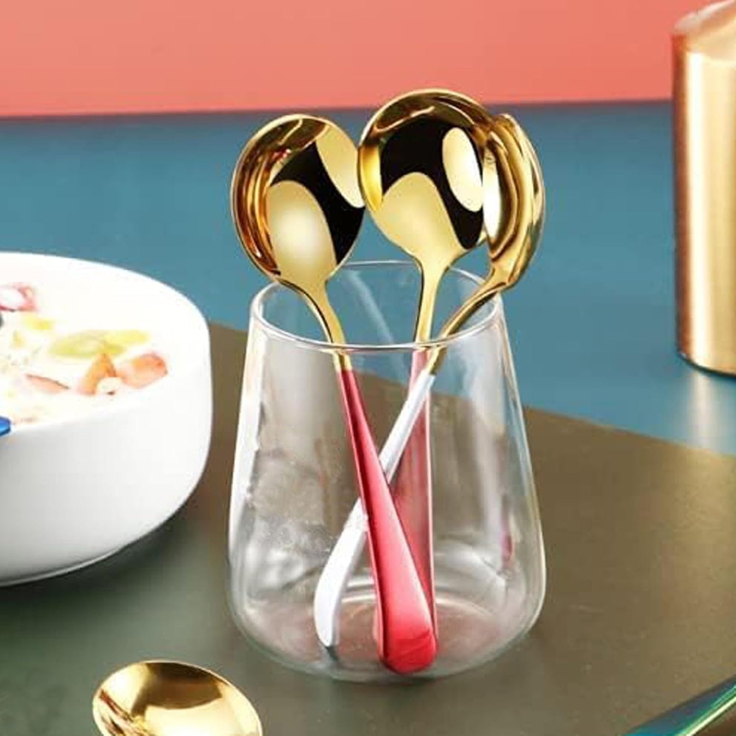 Stainless Steel Soup Spoons Set of 6 - Modern Round Head Spoons for Soup, Grain, Dessert, Milk Tea