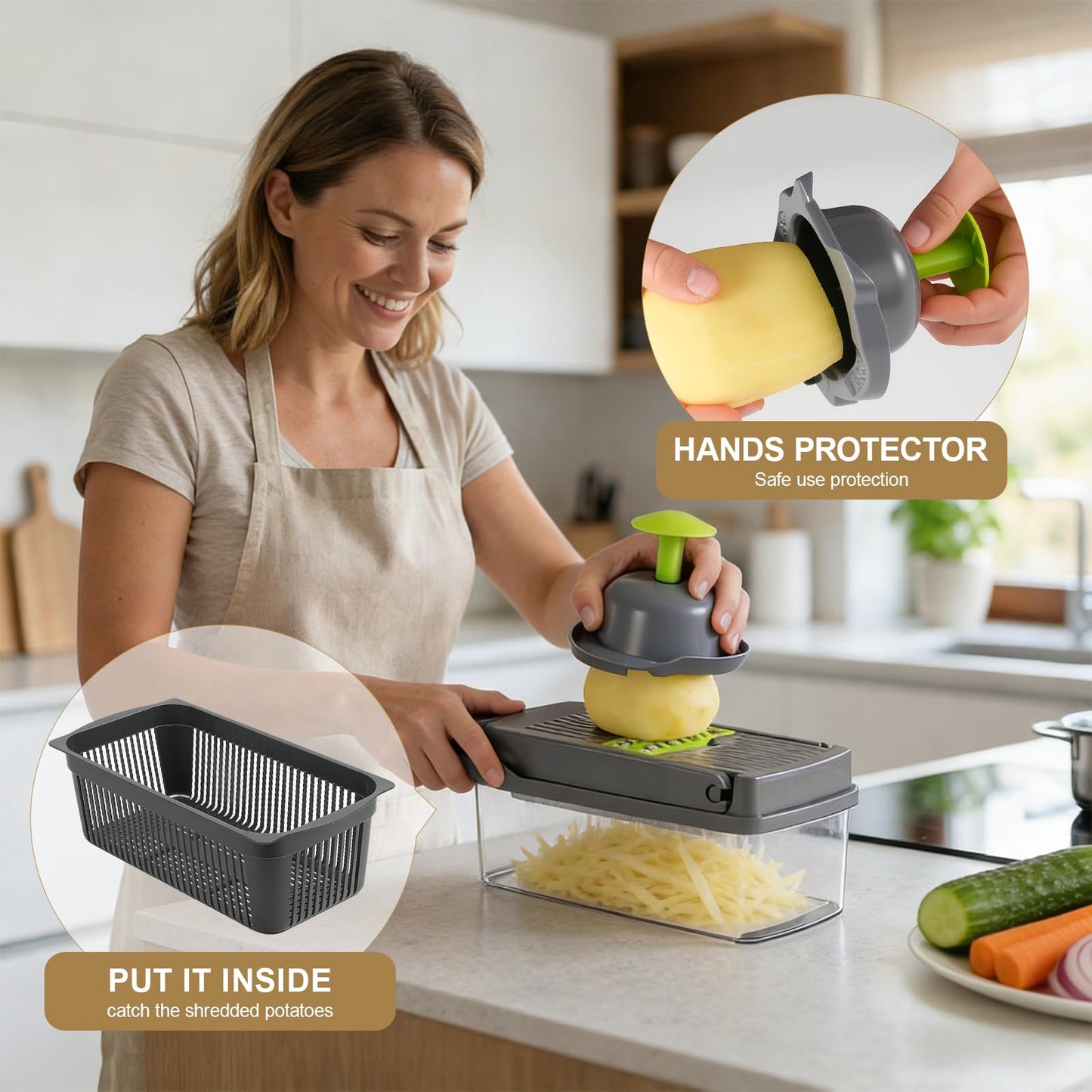 8 Blade All-in-1 Vegetable Chopper Mandoline Slicer with Container,Veggie Cutter for Salad, Onion Chopper,Food Chopper, Includes Egg Separator & Vegetable Peeler, Kitchen Gadgets Essentials, Gray