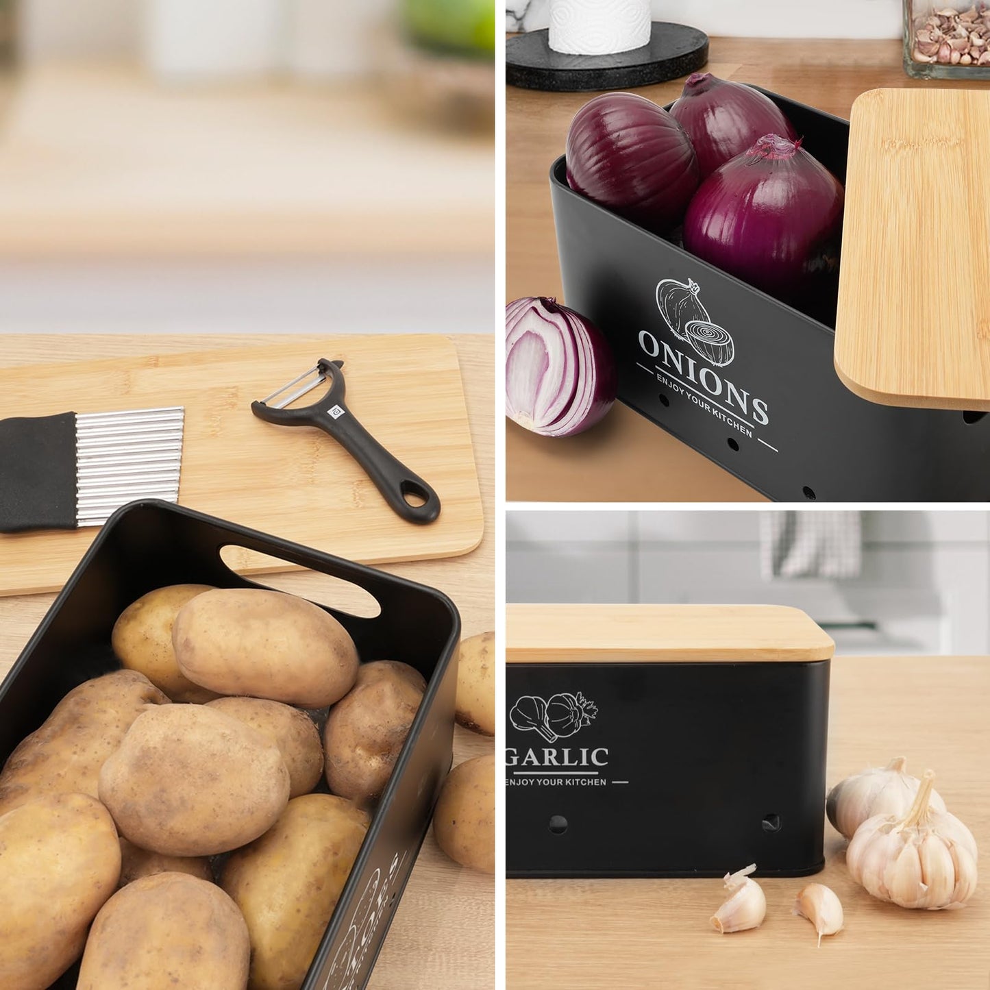Dekosilave Kitchen Vegetable Storage Set of 3, Metal Onion Garlic Potato Storage Set, Kitchen Canisters Vegetable Keeper Containers with Aerating Holes and Wooden Lid (Black)