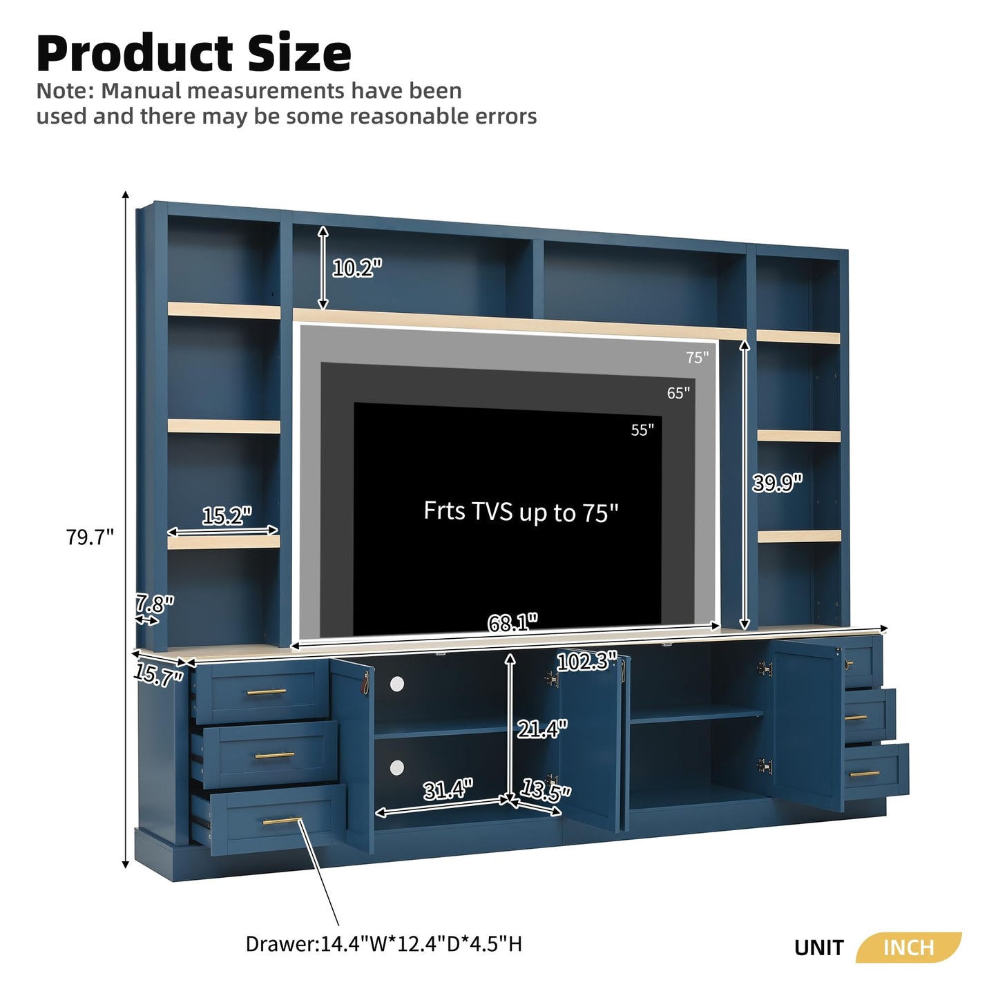 Merax 102.3 Inch Wide Farmhouse Entertainment Center, Rustic TV Stand with 6 Drawers & Adjustable Shelves, Large Media Console for TVs up to 75", Modern Bookshelves Wall Unit, Blue
