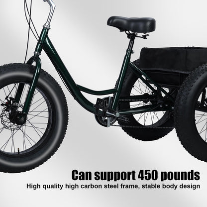Fat Tire Tricycle, Adult 7-Speed Trike with 4-Inch Tires, Adjustable Seat & 450 lbs Weight Capacity, Large Shopping Basket with Waterproof Bag, 2 Disc Brakes for Gravel & Snow Roads Black 68"*34"