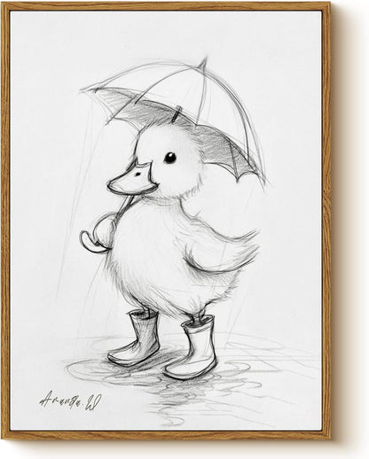 12x16 Inch, Framed Duck Canvas Wall Art Cute Baby Duck Sketch Illustration with Umbrella Print, Minimalist Black