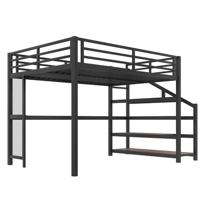 Queen Size Loft Bed with Desk and Storage Stairs, Metal Loft Bed Frame with LED Lights, Charging Station, and Multi-function Iron Nets, Loftbed for Kids, Teens, Adults, Noise-free, Black and Wood