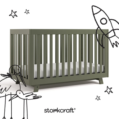 Storkcraft Beckett 3-in-1 Convertible Crib – GREENGUARD Gold Certified, Fits Standard Crib Mattress, Converts to Toddler Bed and Daybed, 4 Mattress Heights, Grow-with-Me Design (Olive)