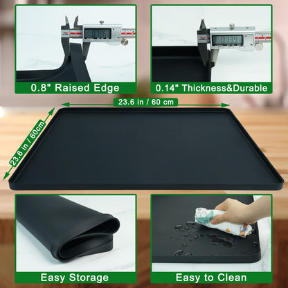 Mini Fridge Silicone Mat with 4 Base Raisers, 23.6"x23.6" Under Refrigerator Drip Pan Floor Protector - 0.8" Raised Edge Prevents Water Leaks & Floor Damage for Fridge, Washer, Dryer, Wine Cooler