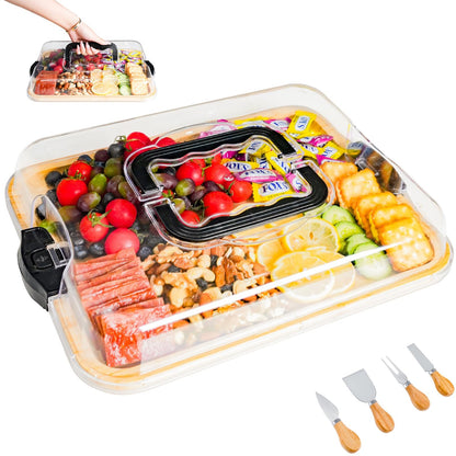 ACCL Bamboo Charcuterie Board 1-Compartment with Locking Lid, Ergonomic Handle & Knives Set - Portable Food/Cheese Serving Tray, Reversible Cutting Board for Picnic, Party & Gatherings (Pack of 12)