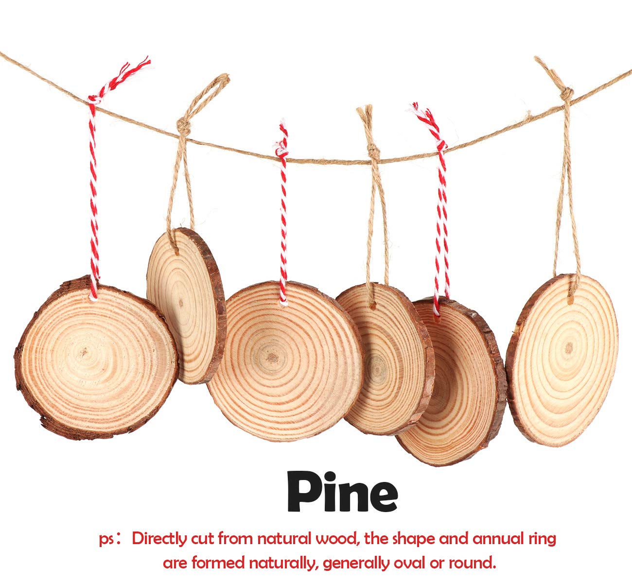 50Pcs Wood Slices 2.4"-2.8" Unfinished Wood Rounds with Pre-drilled Hole and 66Feet Twine String, Natural Wood for Crafts for Home Decor Painting DIY Christmas Ornaments Party Wedding Decor
