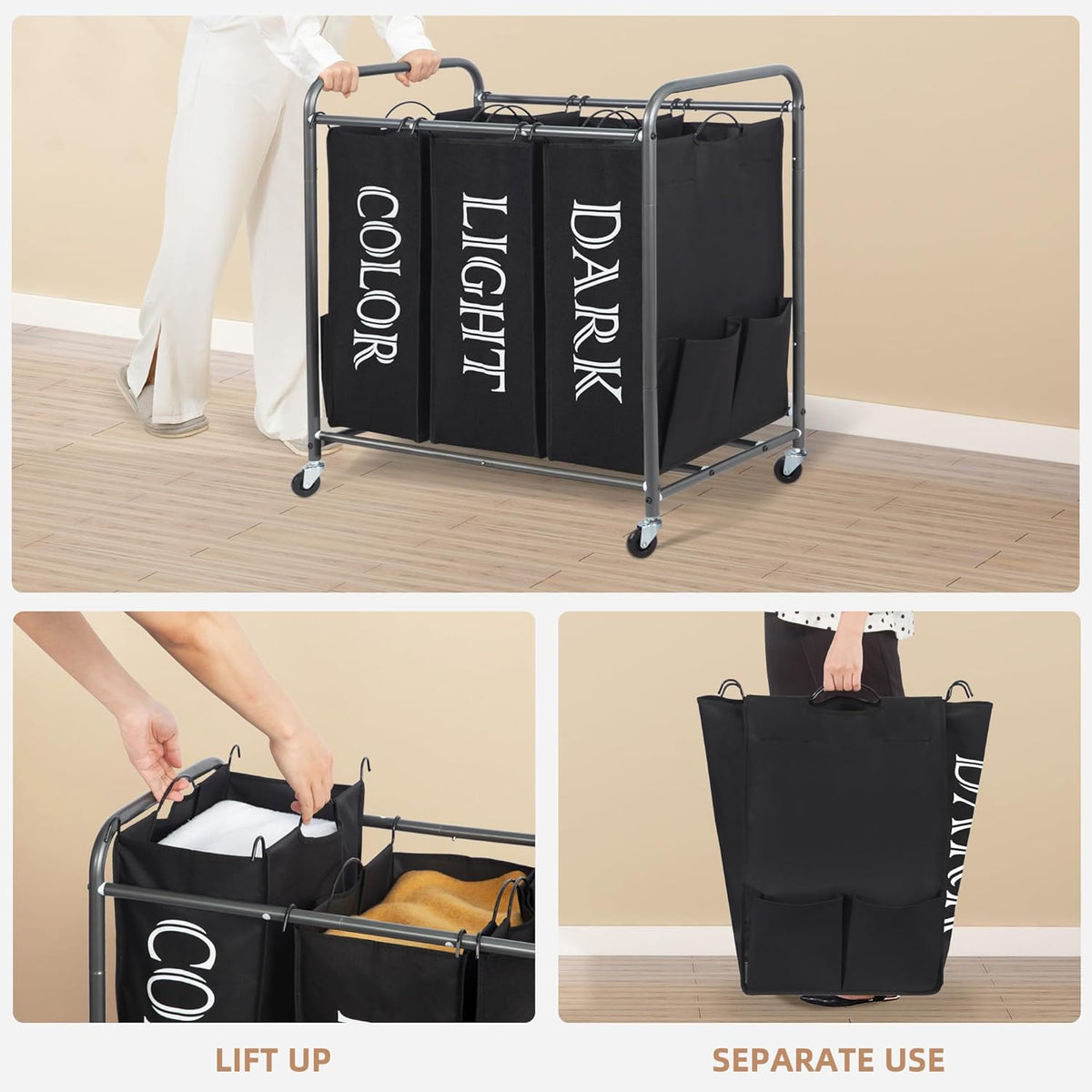 Storage Maniac Laundry Sorter - 3 Section Hamper Cart with Lockable Wheels & Removable Bag | 35.9 Gal Black