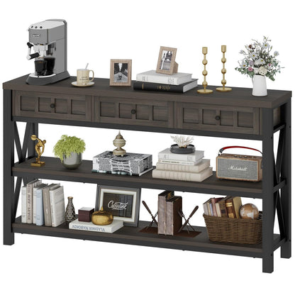 FATORRI Console Table with Storage for Entryway, Rustic Sofa Table with 3 Drawers for Living Room, Farmhouse Hallway Tables and Couch Tables Behind Sofa (54.72 Inch Long, Walnut Brown)