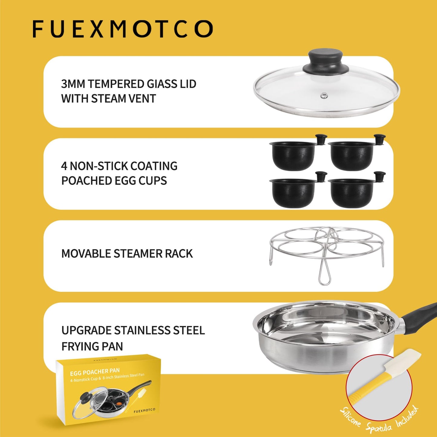 Fuexmotco Egg Poacher Pan, Stainless Steel Egg Poaching Pan for Benedict Breakfast Maker, Poached Egg Cookware with 4 Nonstick Large PFOA Free Egg Poacher Cups and Silicone Spatula