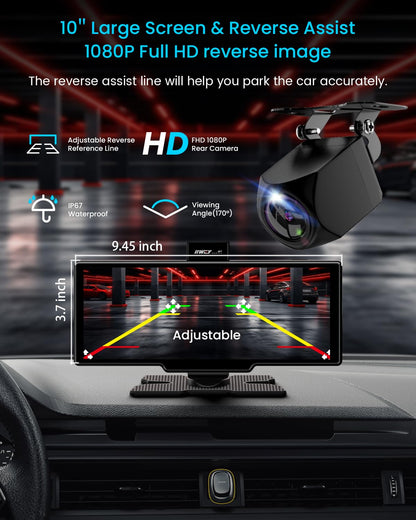 Portable Apple Carplay Screen, 10’’ Car Stereo Wireless Car Play & Android Auto Touch Screen, 4K Dash Cam, 1080P Backup Camera, Mirror Link/Voice Control/Music Play/GPS Navigation