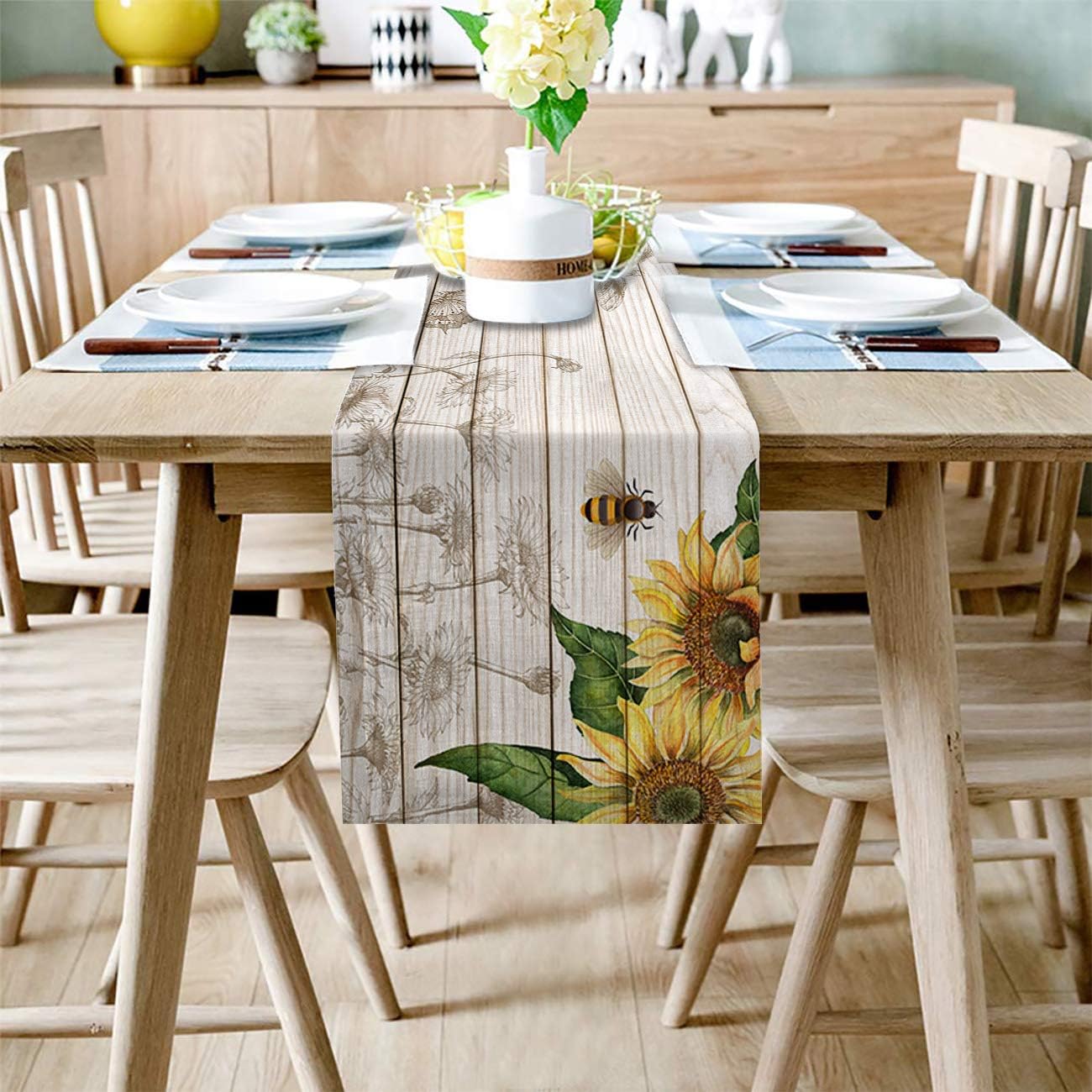 Summer Table Runner - Sunflower with Bees Wood Background, 13"X90" Farmhouse Style for Dining Room, Kitchen, Holiday