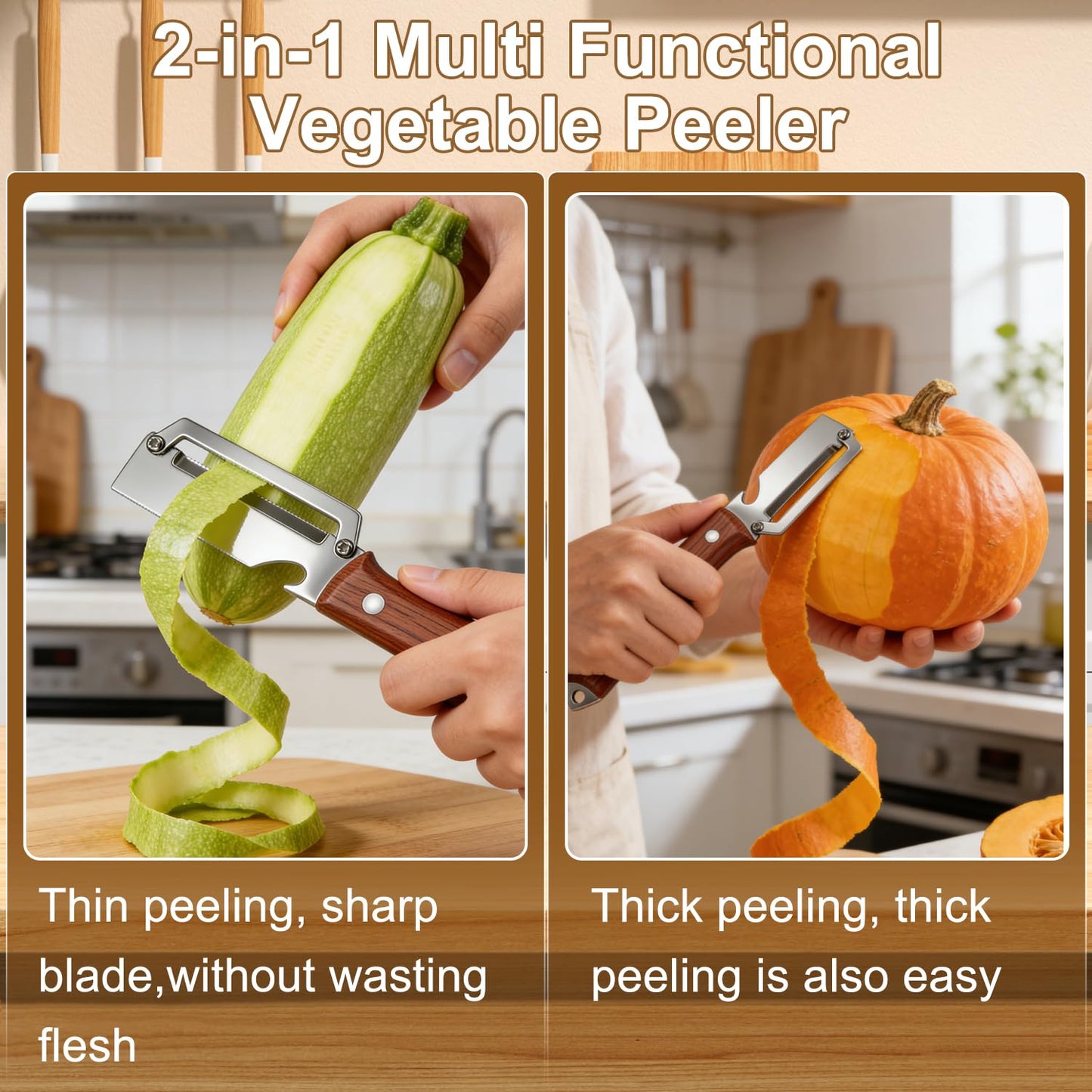 2PCS Multifunctional Vegetable Peeler for Kitchen, Premium Vegetable Peeler with Wooden Handle and Bottle Opener, Stainless Steel Blade Kitchen Tool for Fruit Apple Potato Pumpkin Papaya