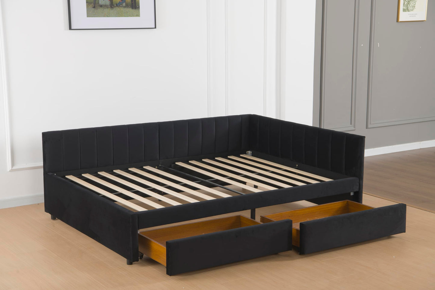 GDFStudio Twin Size Daybed with Trundle, Upholstered Platform Bed Frame with LED Light, Storage Shelves, USB Charging Station, Velvet Twin Bed Frame with Slat Support, No Box Spring Needed, Dark Grey