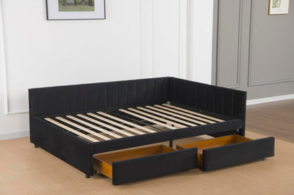 GDFStudio Twin Size Daybed with Trundle, Upholstered Platform Bed Frame with LED Light, Storage Shelves, USB Charging Station, Velvet Twin Bed Frame with Slat Support, No Box Spring Needed, Dark Grey