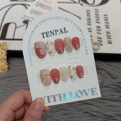TENPAL Short Oval Press on Nails,Peach Yogurt Base Glue on Nails,Hand-Painted Cloisonné Florals False Nails Press ons,Artisan Chinese Style Fake Nails Kit,Enamel Wire Inlay Nail Art Tools 10pcs(L)