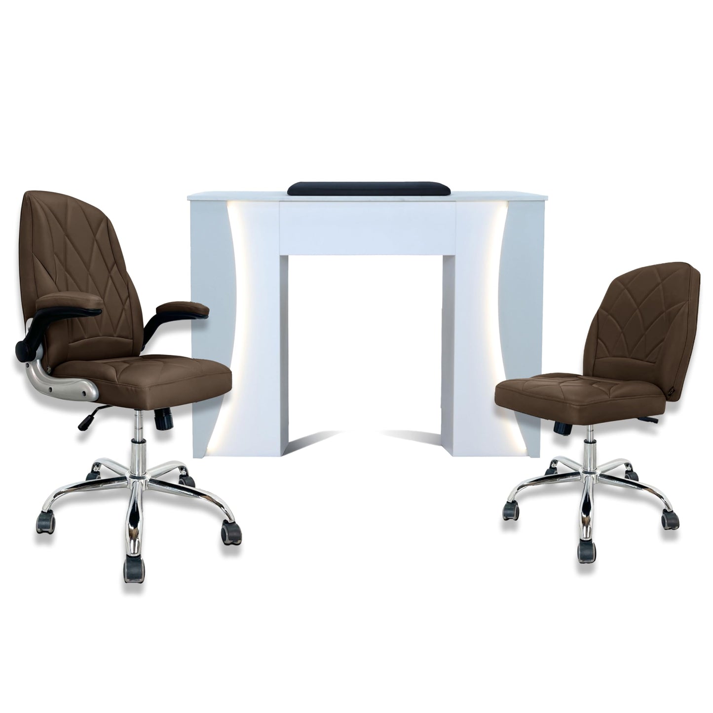 Venus Manicure Table Fan and Chair Set – Modern LED Nail Station Desk with Technician & Customer Chair, Ergonomic Design, Black & White Finish (Grey, Choco)