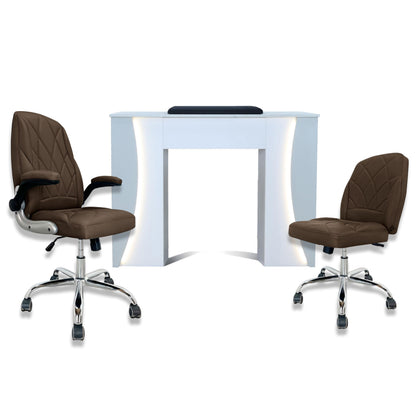 Venus Manicure Table Fan and Chair Set – Modern LED Nail Station Desk with Technician & Customer Chair, Ergonomic Design, Black & White Finish (Grey, Choco)