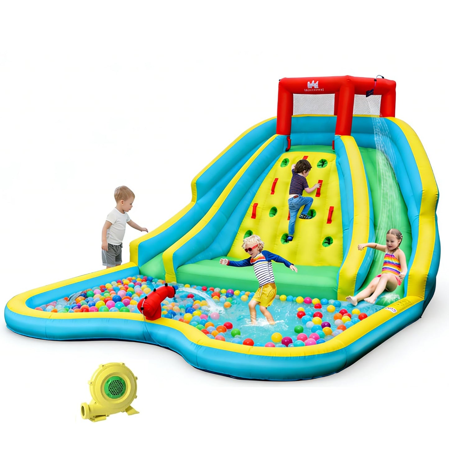 BOUNTECH Inflatable Water Slide Park, Double Slide Water Park Bounce House for Outdoor, Climbing Wall, Bouncy Castle with Blower, Blow up Water Slides Inflatables for Big Kids Backyard Party Gifts