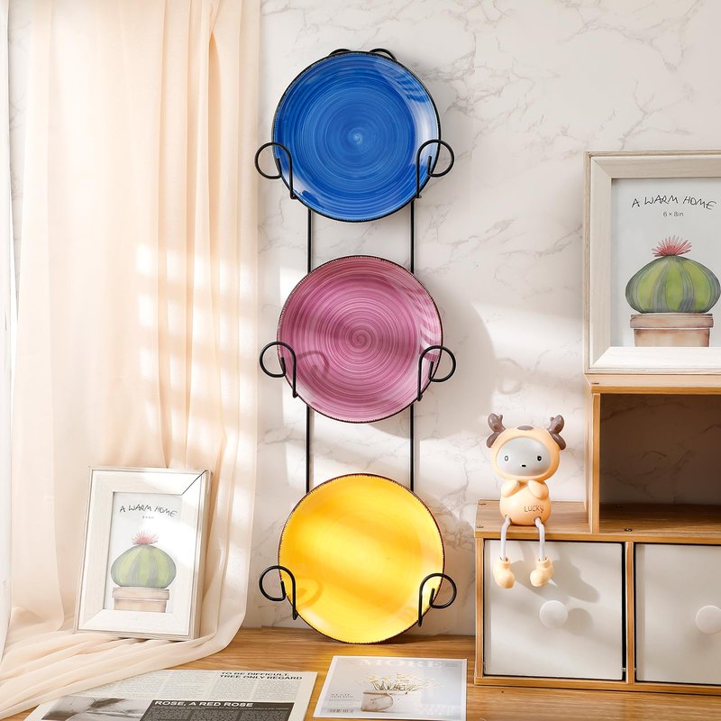 Menkxi Set of 2 Plate Rack for Wall Vertical 3 Tier Metal Wall Plate Holder Display Hanger for Dishes Decorative Plates Arts with Screw Fittings for Collectible Plates Picture Frames Artwork(Black)
