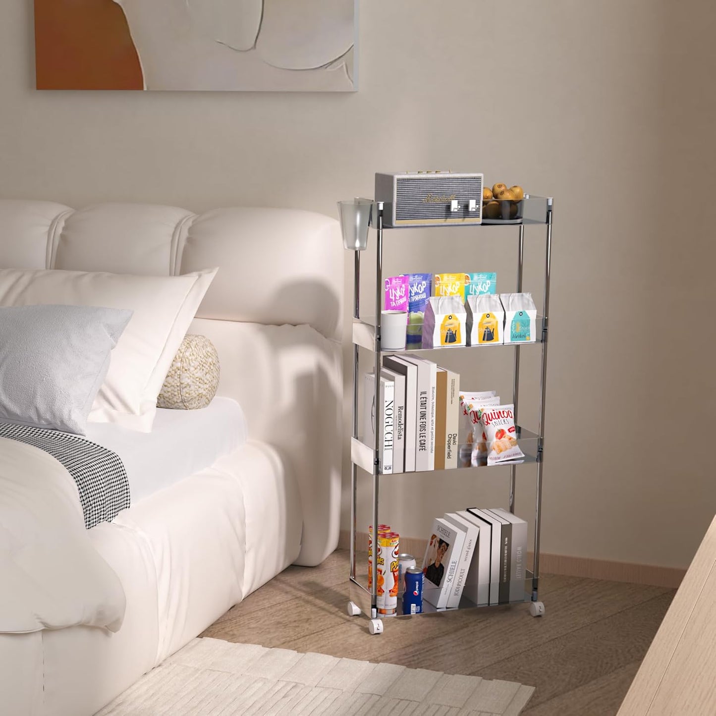 4-Tier VECELO Acrylic Rolling Cart, Slim Utility Cart for Storage, Mobile Storage Cart with Lockable Wheels