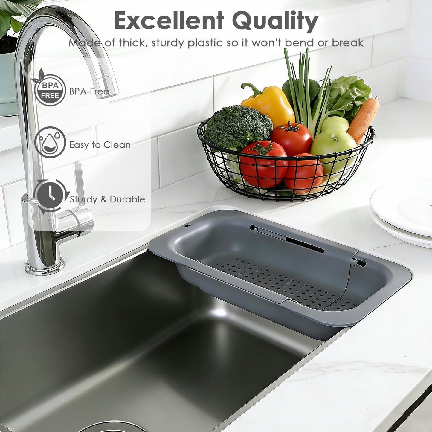 Extendable Colander Strainer Basket, Over the Sink Colander and Strainer for Kitchen, Wash Vegetables and Fruits, Drain Pasta and Dry Dishes, Adjustable Colander from 13.5In to 18.7In, Gray