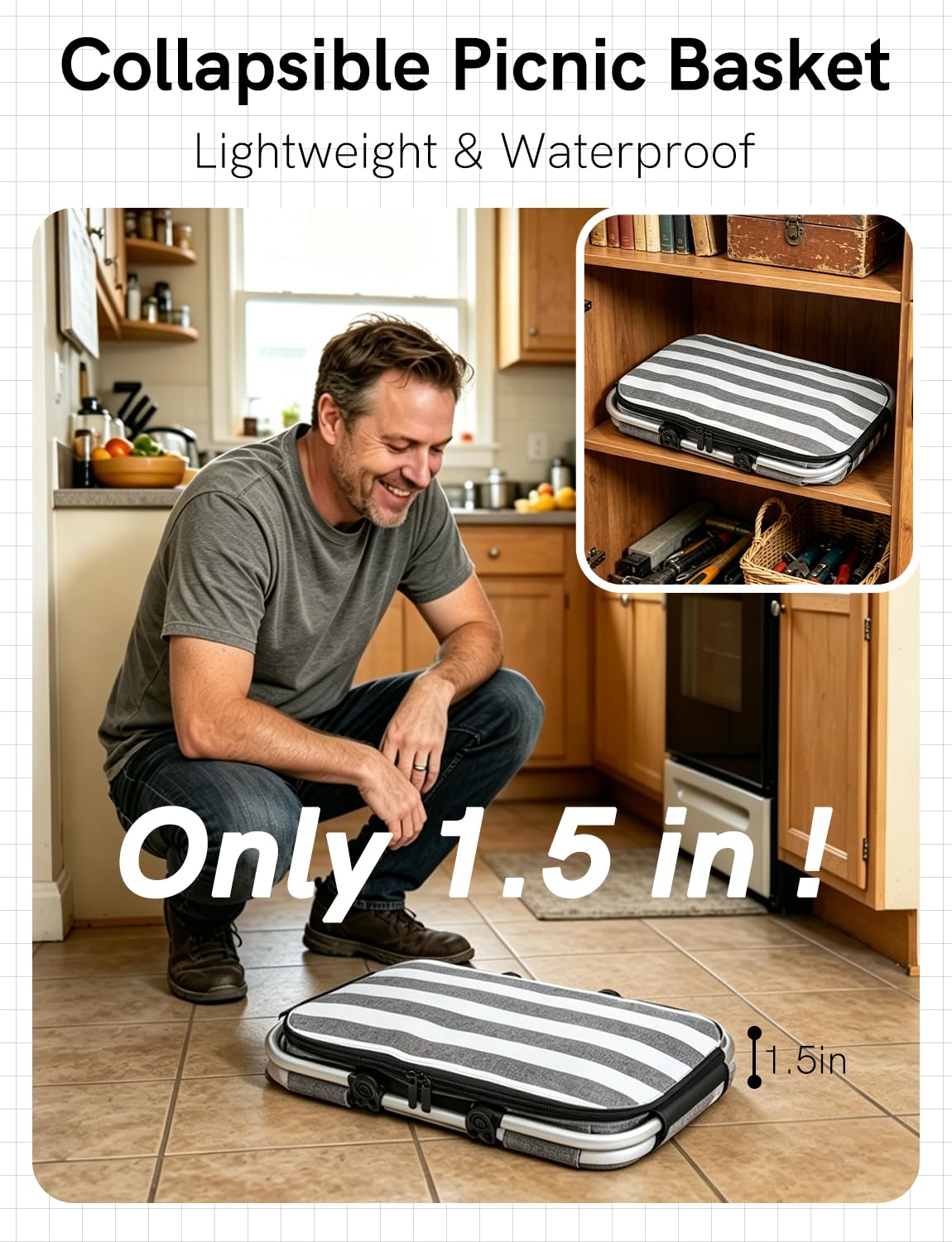 KEFOMOL Insulated Picnic Basket,Leak-Proof Collapsible Cooler Bag,26L Grocery Basket with Lid,2 Sturdy Handles,Storage Basket for Picnic,Food Delivery,Take Outs,Market Shopping,Travel (Gray)
