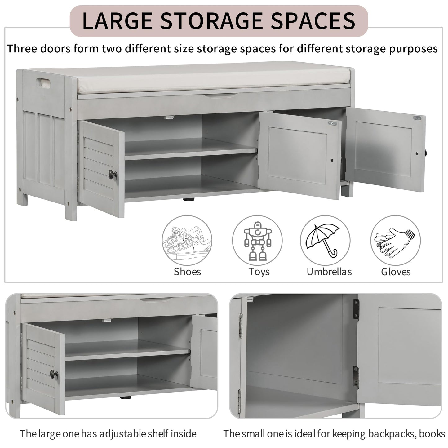 Bellemave Storage Bench with 3 Shutter-Shaped Doors and Flip-Open Storage Box, Shoe Rack for Entryway and Hallway,Shoe Bench with Adjustable Shelves Storage Space and Removable Seat Cushion, Gray Wash
