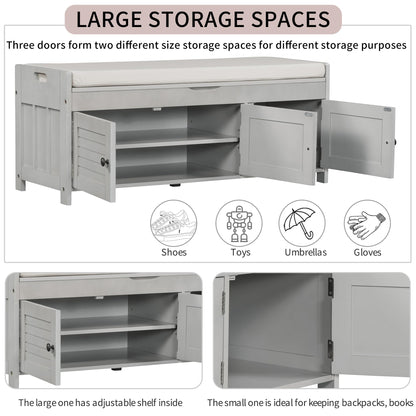 Bellemave Storage Bench with 3 Shutter-Shaped Doors and Flip-Open Storage Box, Shoe Rack for Entryway and Hallway,Shoe Bench with Adjustable Shelves Storage Space and Removable Seat Cushion, Gray Wash