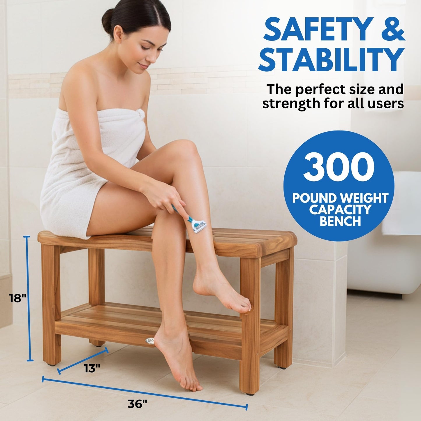 EcoDecors Teak Shower Bench with Large Storage Shelf 36", 300 lb Capacity – Waterproof Bathroom Seat with Non-Slip Feet, Elegant Natural Teak Finish, Ideal for Adults, Seniors, & Spa-Style Bathrooms