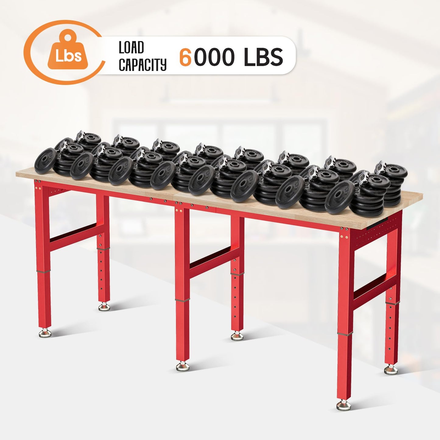 SPECRAFT 72" Red Adjustable Heavy Duty Workbench with 4 AC Outlet and 2 USB Ports Power Outlets, 6000 Lbs Capacity, Rubber Wood Top for Garage, Workshop, Office