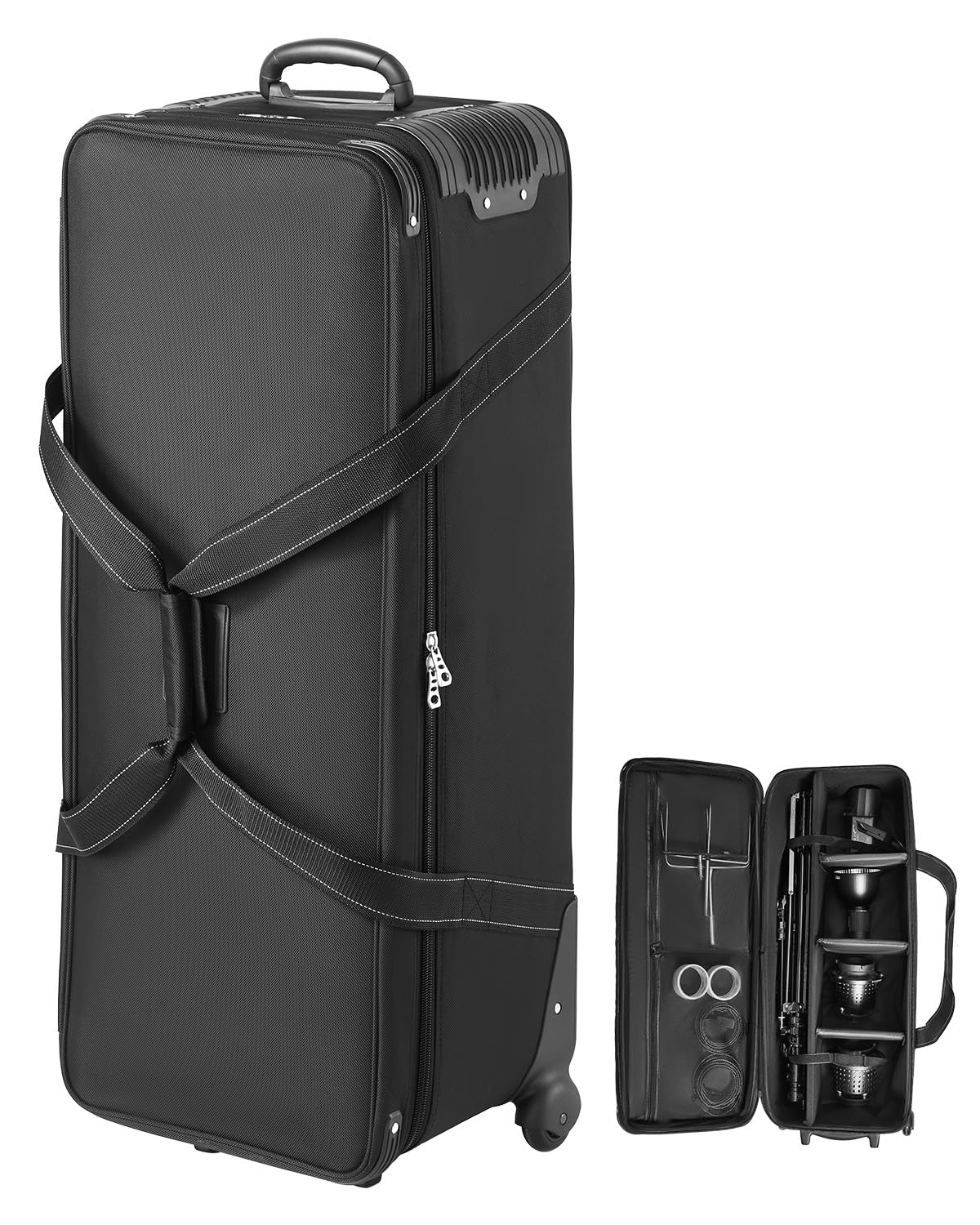 VEVOR Studio Equipment Trolley Case, 39.37 x 14.96 x 12.60 in / 100 x 38 x 32 cm, Rolling Camera Bag, Carrying Bag with Wheels Straps Padded Compartment Handle, for Light Stands, Tripods, Telescopes