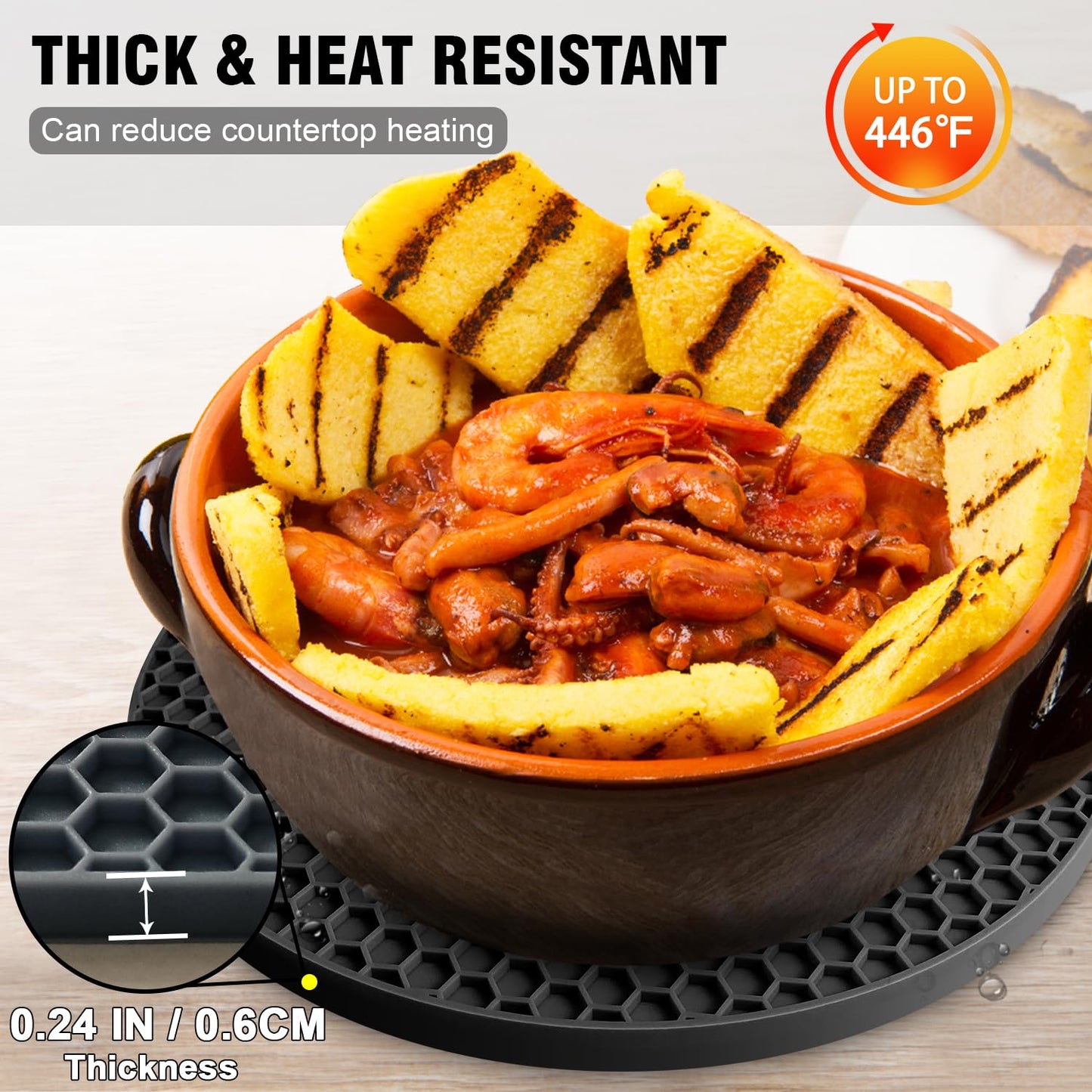 Walfos Silicone Trivet Mats - 4 Heat Resistant Pot Holders, Multipurpose Non-Slip Hot Pads for Kitchen Potholders, Hot Dishers, Jar Opener, Spoon Holder, Food Grade Silicone & BPA Free (Black)