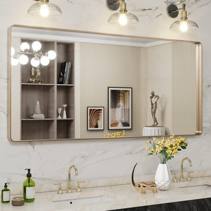LOAAO Gold Bathroom Mirror - 60”x28” Rounded Rectangle Design | Wall-Mounted, Anti-Rust Tempered Glass