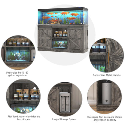 Hlivelood Farmhouse 75-120 Gallon Fish Tank Stand with Power Outlet, Aquarium Stand w/Cabinet&Sliding Barn Door, Heavy Duty Reptile Tank Stand for Fish/Turtle/Reptile Terrarium, 1000LB Capacity, Grey