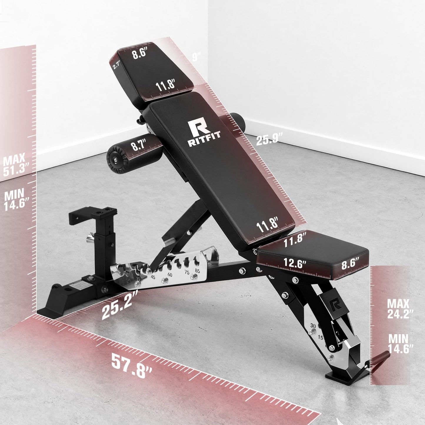 RitFit 3-Section Adjustable Weight Bench, 1600LBS Capacity Workout Bench for Home Gym, 21 Levels Incline Decline Bench Press with Thickened Padding, Foldable Exercise Equipment for Strength Training