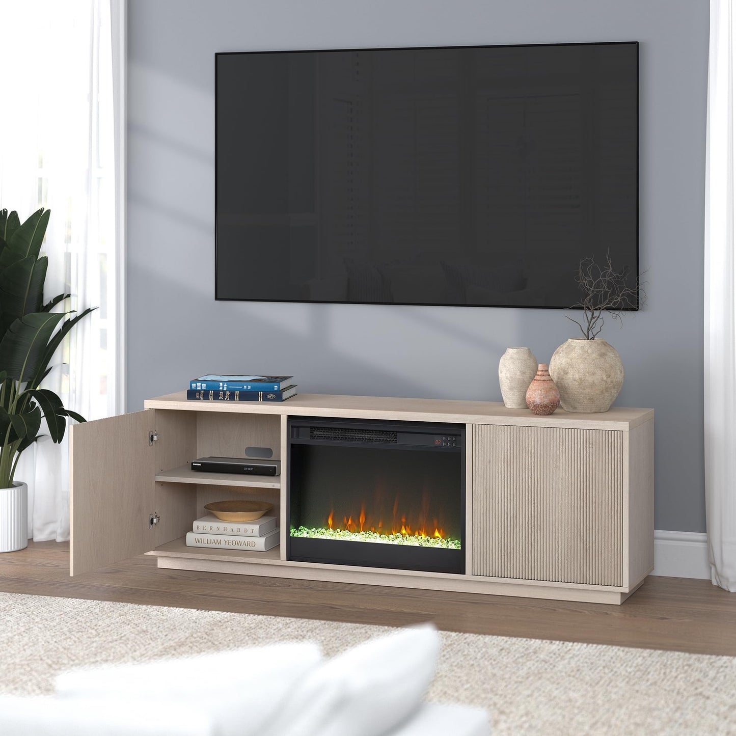 Henn&Hart Fluted TV Stand for TVs up to 75" with 26" Electric Crystal Rocks Fireplace and Ribbed Side Storage Cabinets for Living Room, Family Room, or Office, Beech White