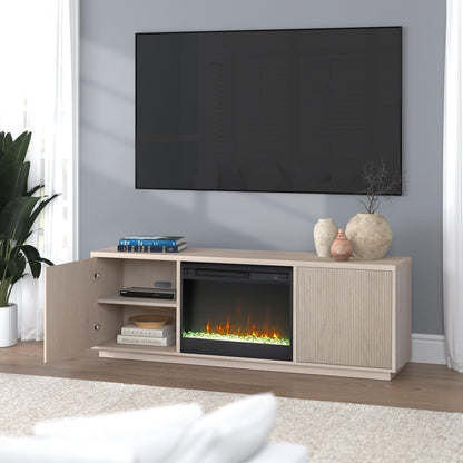 Henn&Hart Fluted TV Stand for TVs up to 75" with 26" Electric Crystal Rocks Fireplace and Ribbed Side Storage Cabinets for Living Room, Family Room, or Office, Beech White