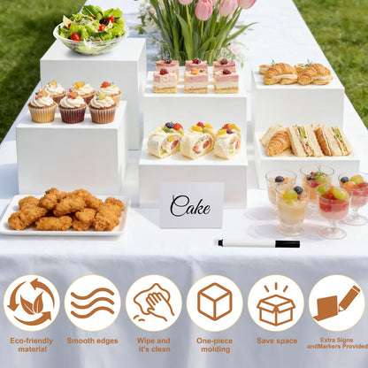 Qeanknar 6 Pcs White Acrylic Buffet Risers with Mini Sign and Maker, Food Display Stands for Buffet Table Party Catering Dessert Jewelry Collectibles,Nesting Cube Boxes with Hollow Bottoms