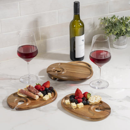 YEWBEE Wine Glass Holder Plates – Acacia Wooden Appetizer & Snack Plates for Party, Wine & Cheese Mini Charcuterie Boards, Set of 4 – Great Gift for Wine Lovers