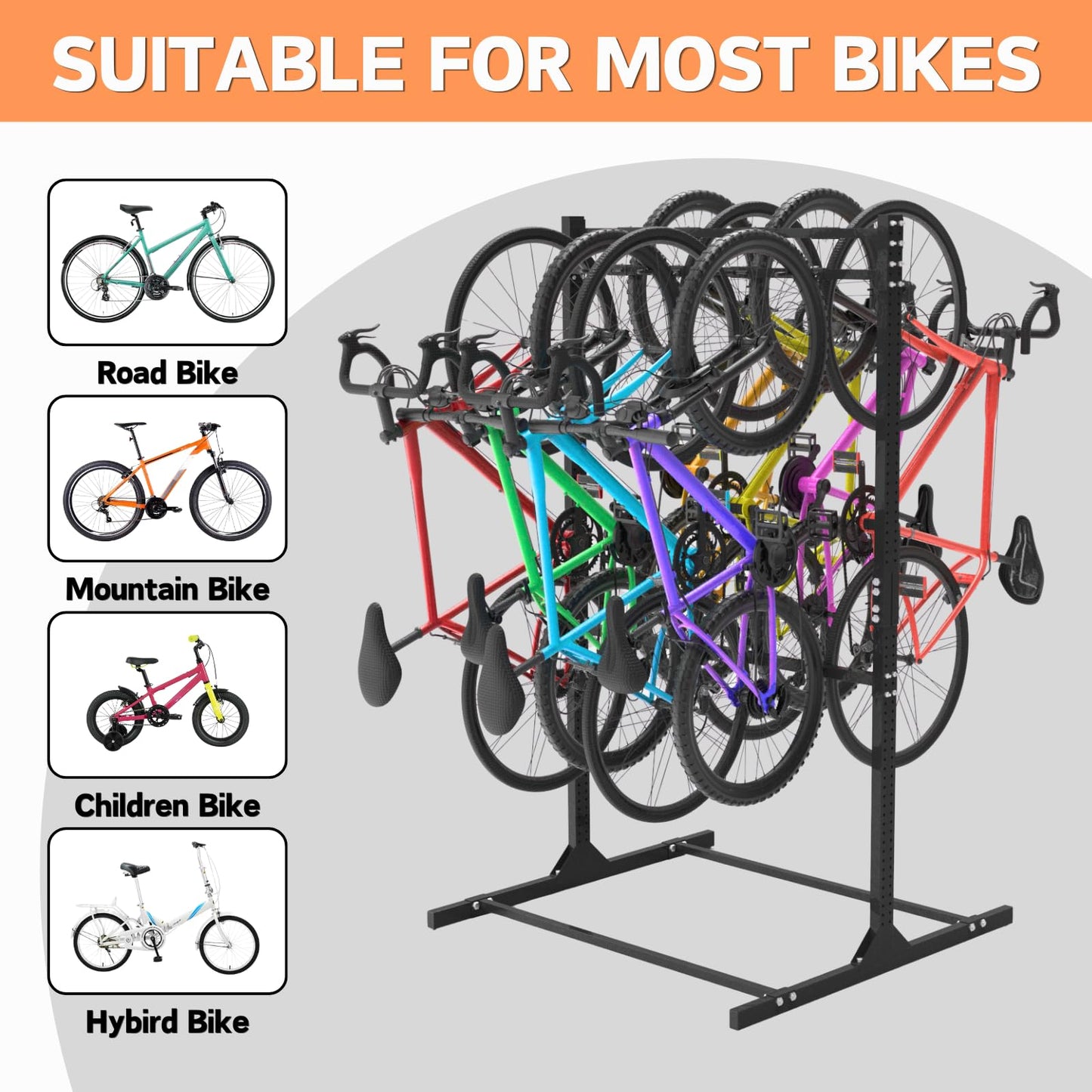 Freestanding Bike Storage Rack for 8 Bikes Heavy Duty Adjustable Bike Rack for Garage Organization & Storage Bike Rack with Hooks for Helmets and Accessories for Road, Mountain & Hybrid Bicycles