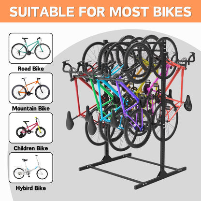 Freestanding Bike Storage Rack for 8 Bikes Heavy Duty Adjustable Bike Rack for Garage Organization & Storage Bike Rack with Hooks for Helmets and Accessories for Road, Mountain & Hybrid Bicycles